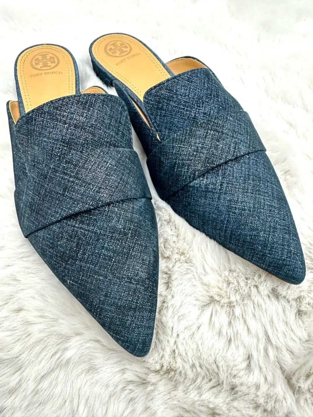 Tory Burch Denim Rosalind Pointed Toe Mules Slides‎ Flats Size 8
